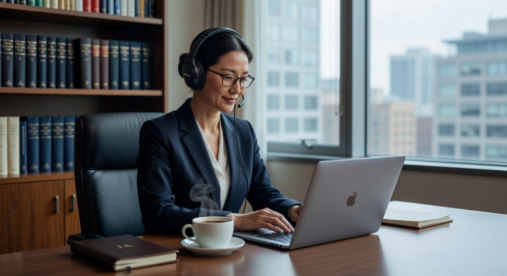 A legal professional wearing headphones, transcribing a deposition on a laptop in a law office