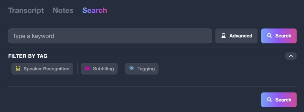 The Transcription App search tab, with a keyword field, an Advanced button and filters for the tags Speaker Recognition, Subtitling and Tagging
