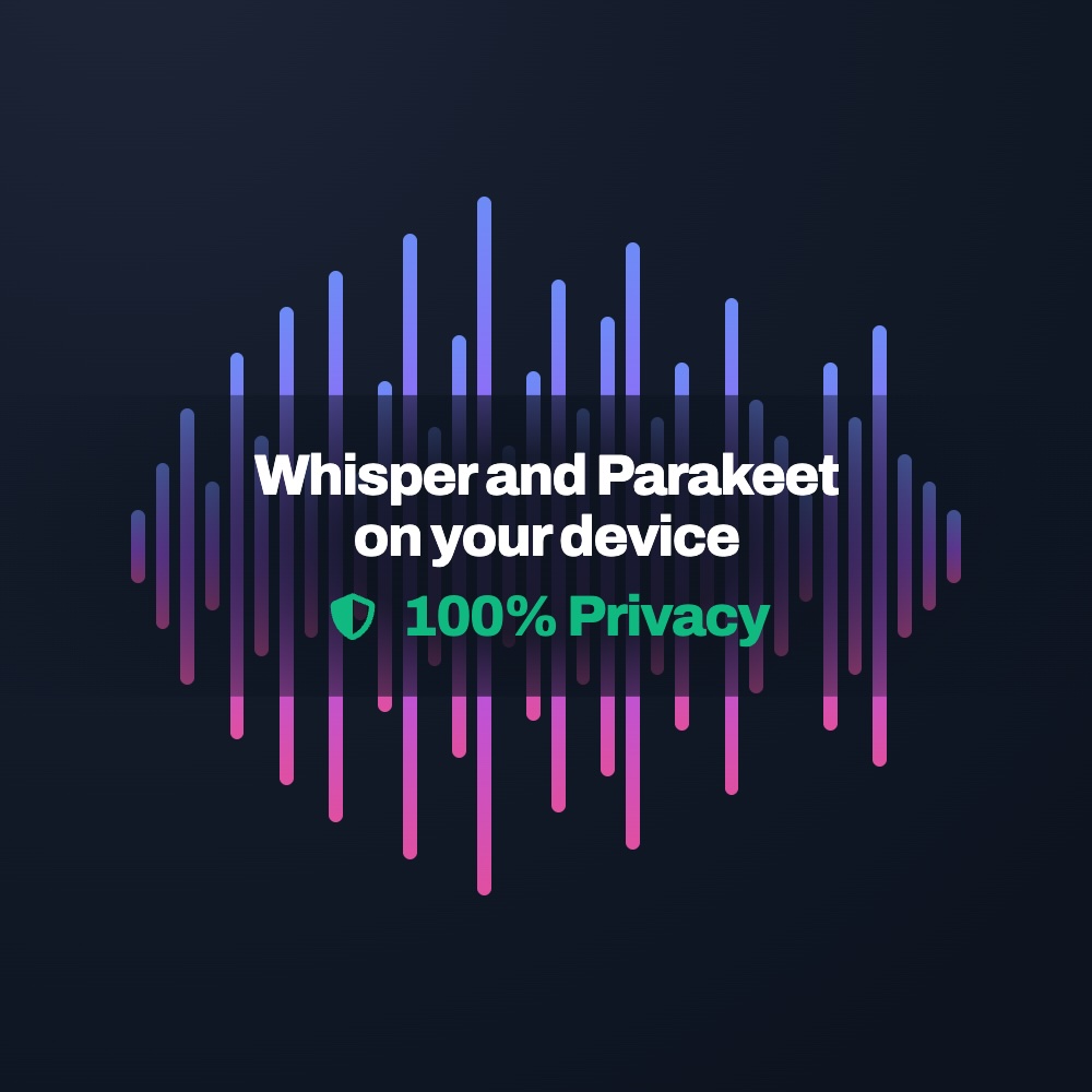 A sound wave graphic with the text “Whisper and Parakeet on your device” and a “100% Privacy” badge