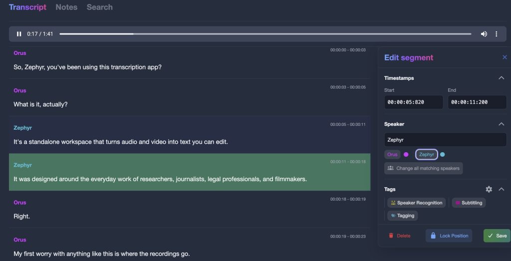 A Transcription App transcript of an interview between two speakers, Orus and Zephyr, with each segment labelled by speaker and the Edit segment panel open to reassign the speaker