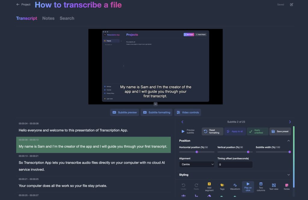 A video transcribed in Transcription App, with a subtitle shown on the picture, the transcript below and the subtitle position settings open on the right
